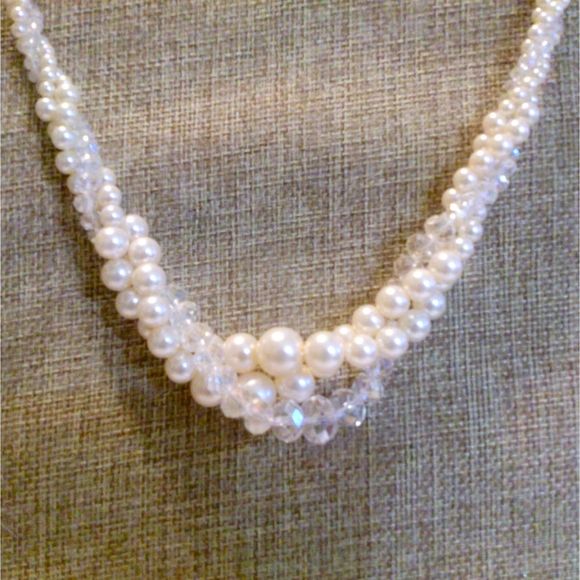 Vintage RMN Signed Twisted Faux Pearl and Glass Crystal Necklace * - Picture 3 of 4
